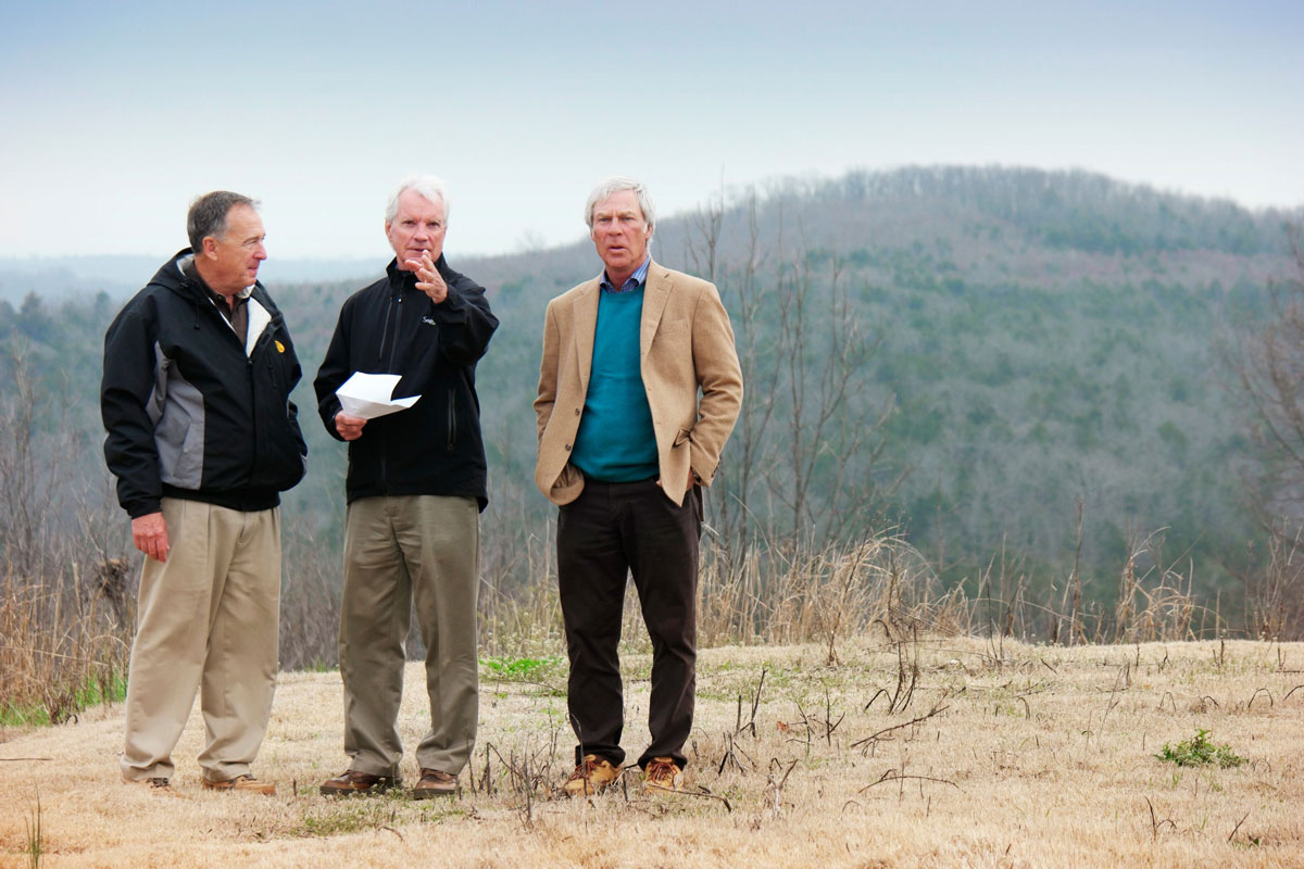 Coore and Crenshaw with Johnny Morris discussing plans for Ozark National golf course at Big Cedar