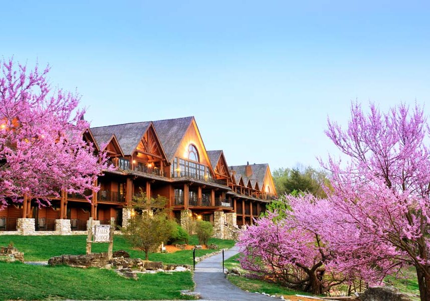 Falls Lodge at Big Cedar Falls Lodge with blooming Redbud trees during Spring at Big Cedar Lodge.