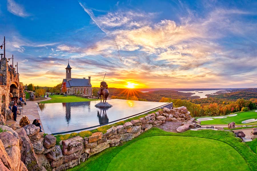 Top of the Rock panorama at Big Cedar Lodge Top of the Rock panorama view of reflecting pool, golf course and chapel at Big Cedar